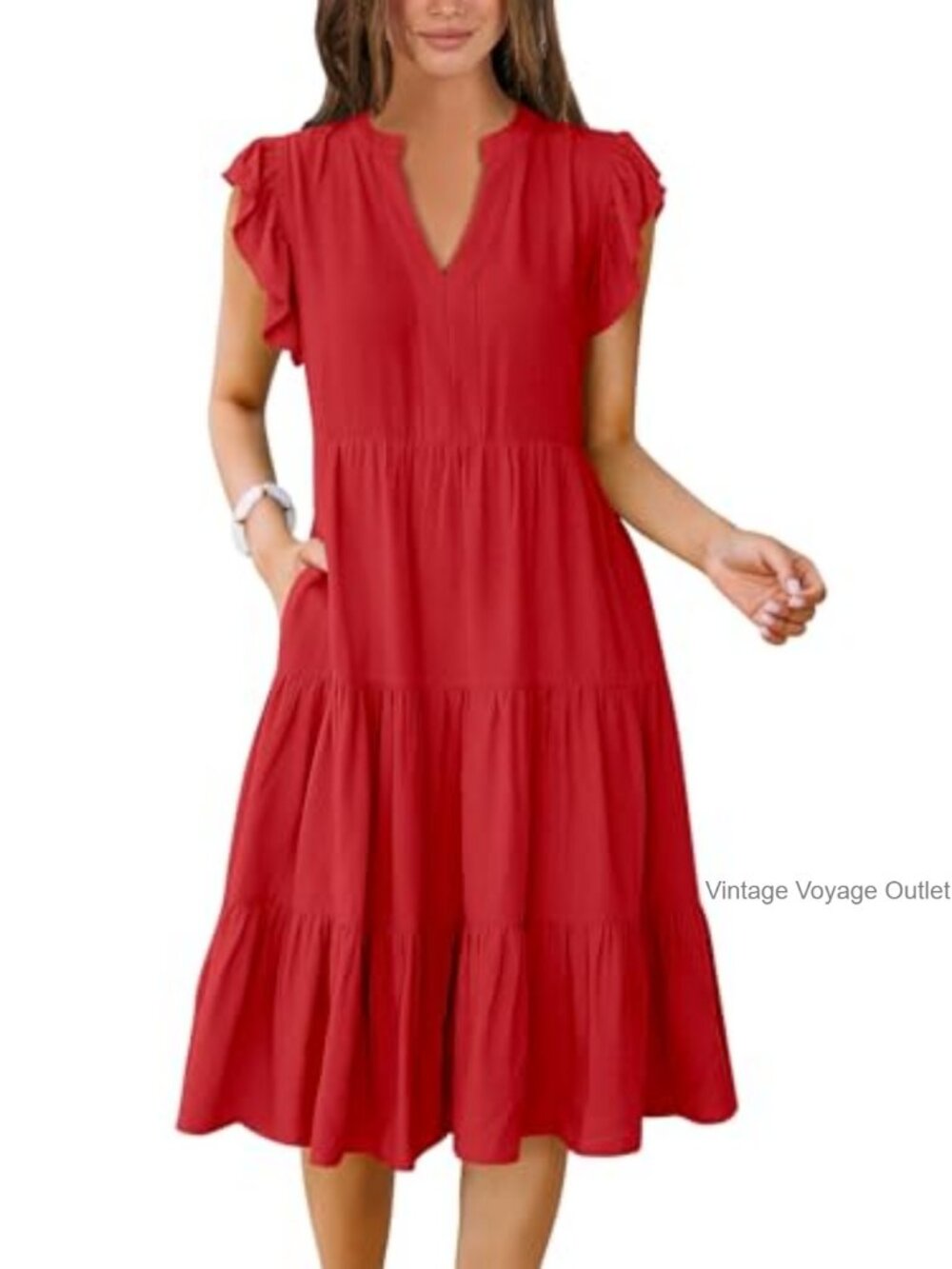 Ruffle Sleeve V Neck Midi Dress Summer Casual Floral
